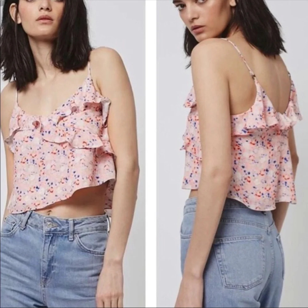 Topshop Pink Floral Ruffle Cropped Cami Top